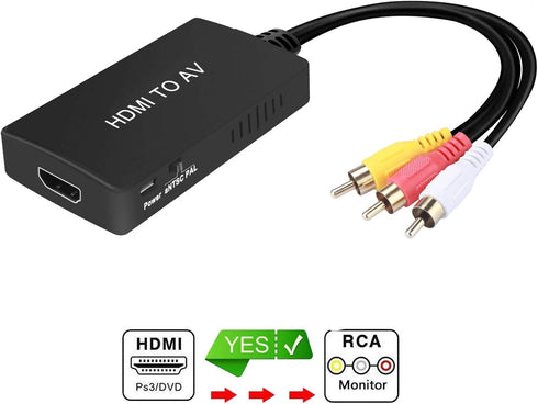 HDMI to RCA Converter, HDMI to AV 3RCA CVBs Composite Video Audio Converter Adapter Supports PAL/NTSC for TV Stick, Roku, Android TV Box, DVD ect,...