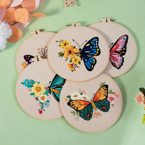 GLTAYLMY 3 Pack Embroidery Kits with Butterfly Pattern for Beginner Adults,Cross Stitch Kits with 1 Plastic Embroidery Hoops,Needles and Color Thr...