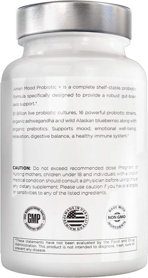 Amen Mood Probiotic Supplement 51 Billion CFU - Organic Prebiotics and Probiotics - Acidophilus Probiotic Pills, Fibers - Mood Organic Ashwagandha...