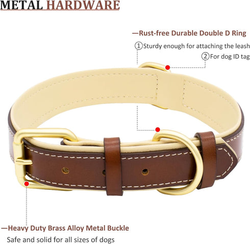 Leather Dog Collar for Small Medium and Large Dogs, Soft Padded Dog Leather Collar with Gold Buckle, Adjustable Genuine Leather Collars for Small ...