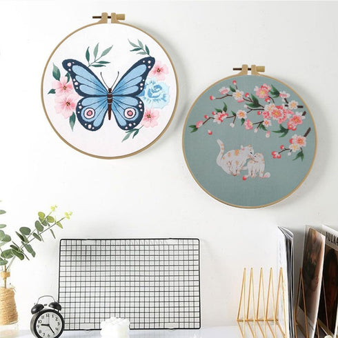 Esffaci Embroidery Starter Kit for Adult Beginner with Cats Flower Pattern Hand Embroidery Set with Embroidery Cloth Hoop Needles Colorful Floss a...