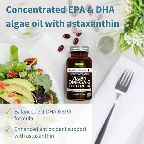 Pure & Essential Vegan Omega 3 & Astaxanthin, High Concentration EPA DHA Algae Oil, Non-GMO, Sustainable & Pure, 600mg DHA & EPA for Heart, Brain ...