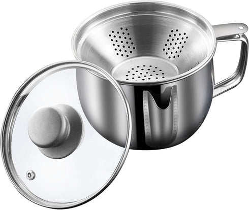 Stainless Steel Fat Separator 4 Cup/1000ML Gravy Grease Separator with Strainer and Glass Lid, Soup Oil Separator Cup for Cooking, Oil Soup Separa...