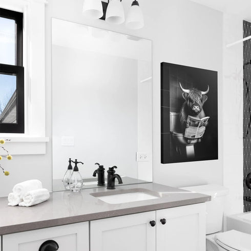 Black and White Animal Farmhouse Wall Art Highland Cow Reading Newspaper on Toilet Bowl Canvas Print Fun Art Poster for Wall Bathroom Canvas Paint...