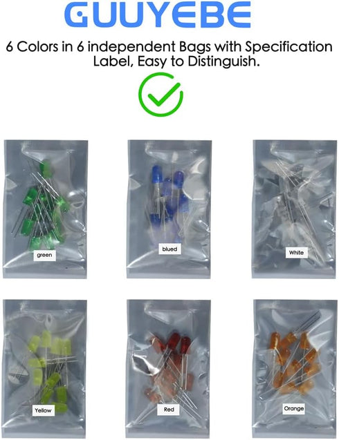 LEDs, Single LED Light 5mm LED Diode Lamp DIY Kit with White Red Green Blue Yellow Orange Diffused Round Lens DC 3V 20mA Mini Bulbs Electronics Co...