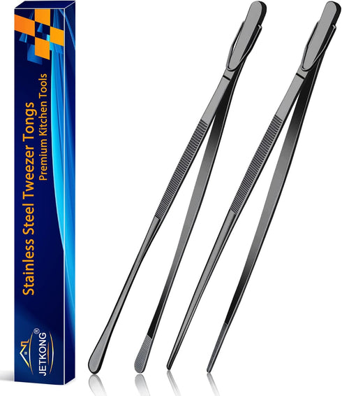 JETKONG 2 Pcs 12-Inch Food Tweezer Tongs, Stainless Steel Kitchen Tweezer Cooking Tweezers (Black)...
