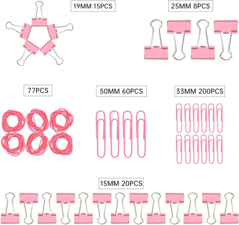Pink Binder Clips Paper Clips,380 PCS Assorted Sizes Paperclips Paper Clamps Rubber Bands for Files, Papers, Home Supplies (Pink)...