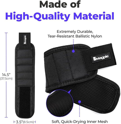 Magpie Magnetic Wristband - 10 Extremely Powerful Magnets for Holding Screws, Nails and Drill Bits, Made of Enhanced Nylon for Lightweight and Dur...