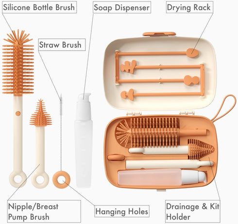 Travel Bottle Cleaner kit, 7in1 Baby Travel Essential Silicone Travel Bottle Brush Set, Nipple, Drying Rack, Straw, & Breast Pump Cleaning, Soap D...