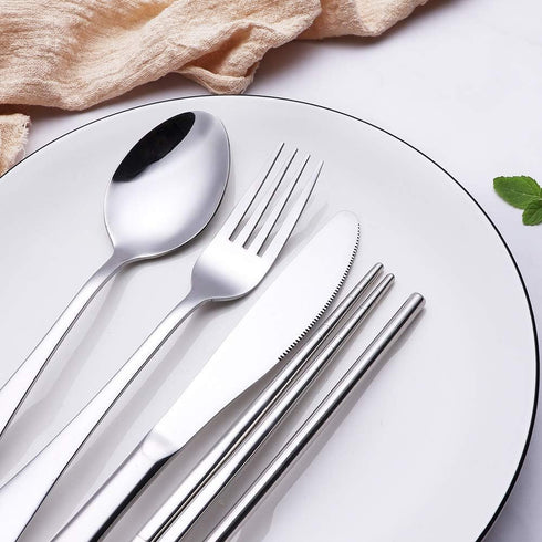 Portable Stainless Steel Flatware Set, Travel Camping Cutlery Set, Portable Utensil Travel Silverware Dinnerware Set with a Waterproof Case (Silve...