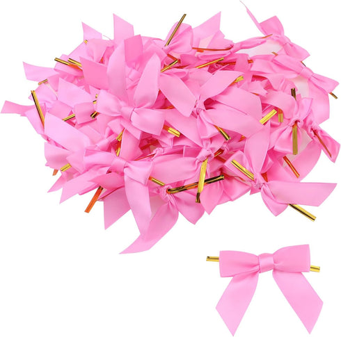 50pcs Satin Ribbon Twist Tie Bows DIY Twist Bow Crafts for Gift Wrap Bags, Party Favors, Baked Goods, Cookies for Gift Wrapping Supplies (Pink)...