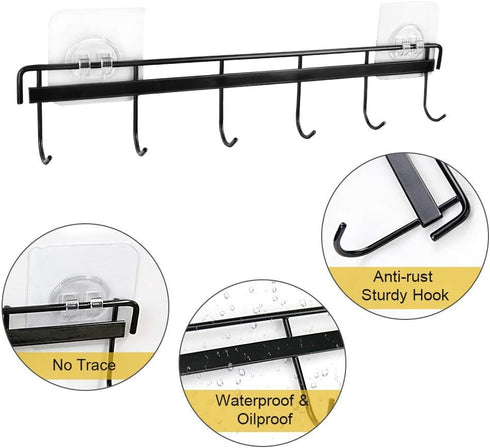 YiZhi Adhesive Wall Hooks Rack Kitchen Rail, Space Saving Utensil Holder No Drilling Wall Mounted Accessory Hanger with 6 Hooks for Kitchen Bathro...