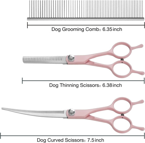 Professional Dog Grooming Scissors Set, 4 in 1 Dog Grooming Scissors Kit, Curved Dog Scissors Pet Thinning Shears, Pink...
