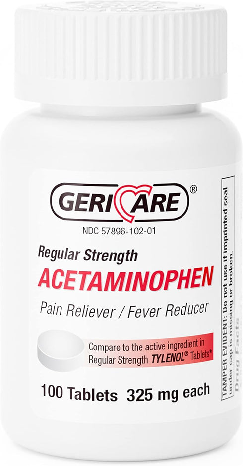 GeriCare Regular Strength Acetaminophen Pain Relief Fever Reducer Tablets, Strength 325mg Tablet | Joint, Muscle, Arthritis, Back Pain Relief 100 ...