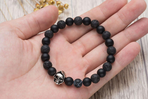 Death Skull Charm with Black Matte Onyx and Lava Stone 8mm Beads Stretch Bracelet, Lava Rock Aromatherapy Essential Oil Diffuser Bracelet for Stre...