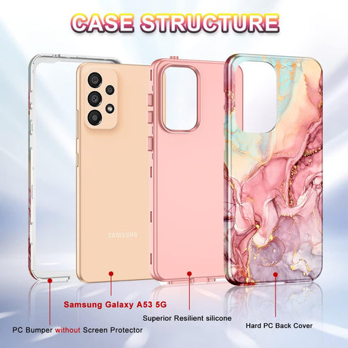 Btscase for Samsung Galaxy A53 5G Case, Marble Pattern 3 in 1 Heavy Duty Shockproof Full Body Rugged Hard PC+Soft Silicone Drop Protective Women G...