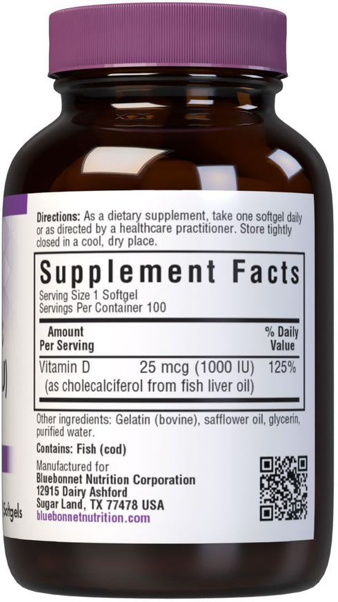Bluebonnet Nutrition Vitamin D3 1000 IU Softgels, Aids in Muscle and Skeletal Growth, Cholecalciferol from Fish Oil, Non GMO, Gluten Free, Soy Fre...