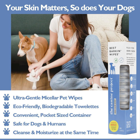 Best BARKIN' Wipes with Free Mesh Bag, Dog Wipes for Paws Ears and Butt, Micellar Aloe Scented Travel Friendly Puppy Wipes (12-Pack)...