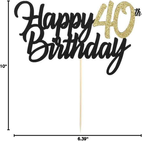 PALASASA Black Gold Glitter Happy Birthday cake topper - 40 Anniversary/Birthday Cake Topper Party Decoration (40th)...
