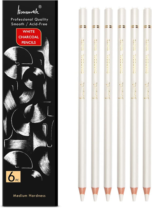 White Charcoal Pencils Drawing Set, Professional 6-Piece Sketch, Highlight, Shading, Blending Set for Beginners & Artists...