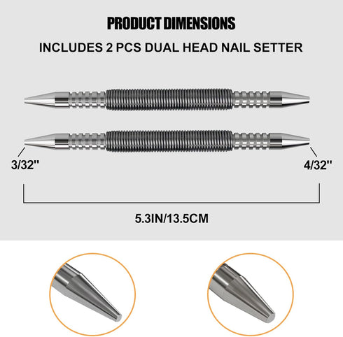 2 Pcs Dual Head Nail Setter 3/32? and 1/8? Spring Loaded Nail Set Hammerless Double Ended Nail Punch Tool, 3500 PSI Striking Force Counter Punch...