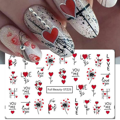 Valentine's Day Nail Stickers DIY Water Transfer Nail Stickers Heart Love Cute Bear Self Adhesive Water Transfer Nail Decals Sexy Lips Love Letter...
