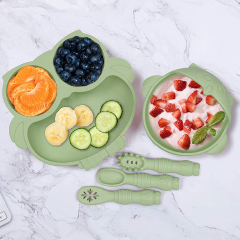 Owl Shape Silicone Baby Feeding Set, Toddler Suction Plates and Bowls Set with Spoons, Kids Silicone Dinnerware Set Eating Utensils, Green...