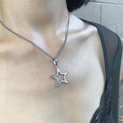 Dainty Hollow Star Simple Choker Necklace for Women Girls Delicate Stainless Steel Silver Plated Y2K Minimalist Star Pendant Necklaces Adjustable ...