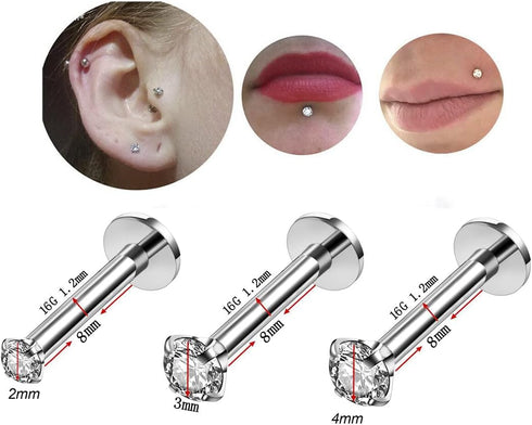 16G Diamond CZ Lip Rings Labret Monroe Nose Tragus Helix Ear Piercing Jewelry Surgical Stainless Steel 2/3/4mm CZ 8mm Bar Length 3 Pairs Set...