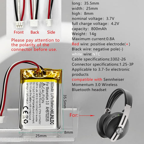 DC 3.7V 800mAh AHB702535PCT-01 Rechargeable Polymer Lithium Battery for Sennheiser Momentum 3.0 M3AEBT M3IETW Wireless Noise Cancelling Headphones...