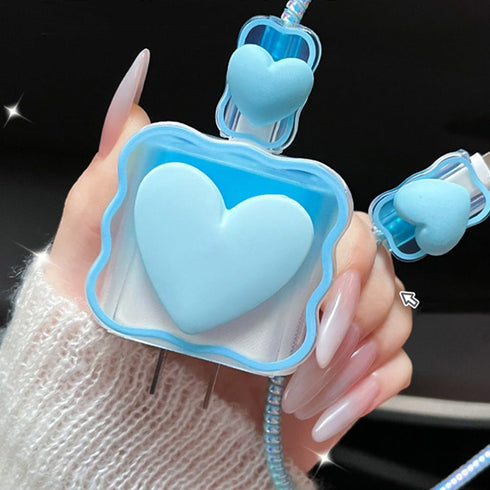 Waves Blue Heart Shape DIY 18W 20W Data Cable USB Charger Protector Line Earphone Wire Saver Charger Protector Compatible with iPhone XR/7/8/11/12...