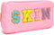 Pink Preppy Patches cosmetic Bag Nylon Makeup Pouch with Chenille Varsity Letter Skin Patch,Makeup Bag Stuff Travel small Toiletry Bag for Women G...