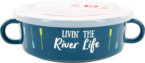 Pavilion Gift Company Livin' The River Life-13.5oz Stoneware Snack Soup Bowl with BPA Free Steam Release Lid, 13.5oz, Blue...