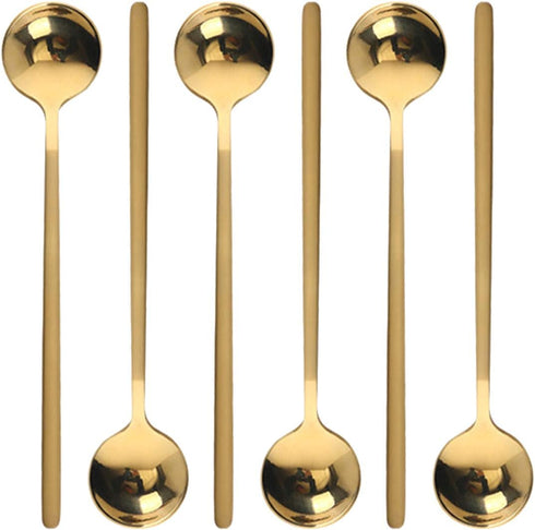 6 Pcs Coffee Spoons Stainless Steel Tea Spoons Round Dessert Spoons Long Handle Spoons for Hot Chocolate Ice Tea Latte Dessert Espresso Golden...