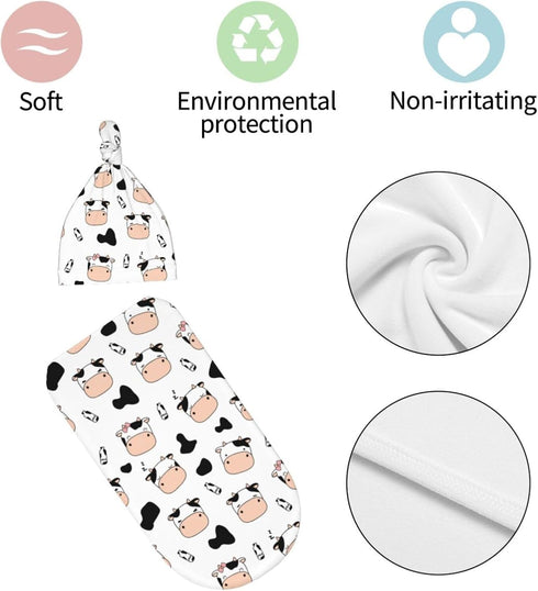 Cute Cow Print Swaddle Blanket Hat Set for Boys Girls, Soft Cow Newborn Sleeping Sack Receiving Blanket Shower Gift...