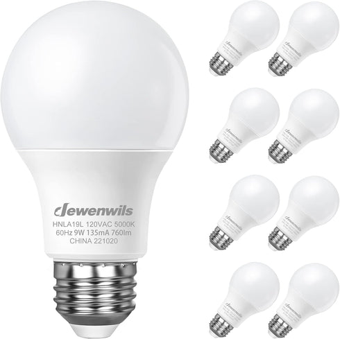 DEWENWILS 8-Pack A19 LED Light Bulb, 760LM, 5000K Daylight LED Light Bulbs, 9 Watt(60 Watt Equivalent), E26 Medium Screw Base, Non Dimmable, UL Li...