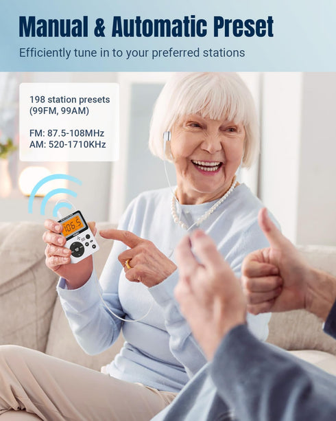 PRUNUS Pocket AM FM Radio Portable with Stereo Earphone, Battery Operated Radio by 2 AAA, Manual Preset, Large Screen, Lock Key Walkman Radio, Sle...
