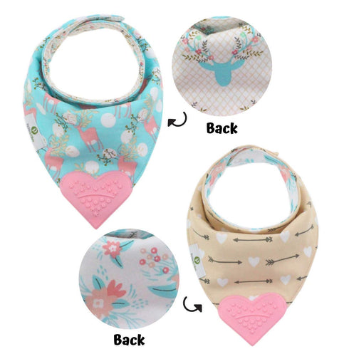 Reversible Baby Teething Bibs - Attached Pink Heart Teether - Boho Antler - Set of 2...