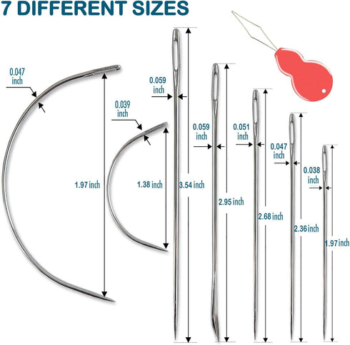 Pikdmin 7+1 Pcs Heavy Duty Hand Sewing Needles Kit, 5 Leather Hand Sewing Needle 2 Curved Needle and 1 pcs needle threaders for Home Upholstery,Le...