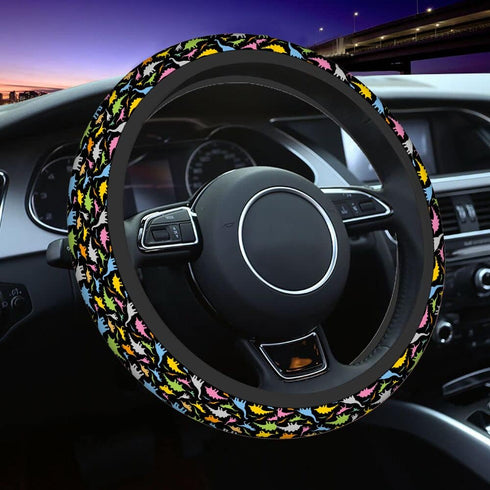 Swono Car Steering Wheel Covers Dinosaurs Cartoon Colorful Cartoon Funny Beast Dinosaur Black Universal for Women Girls Soft Neoprene Anti-Slip Ca...