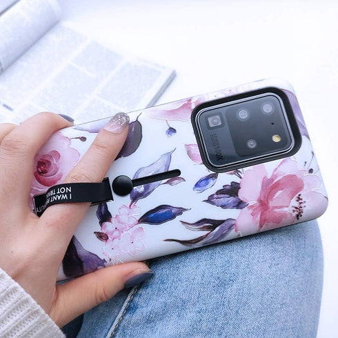 Compatible with Samsung Galaxy S20 Ultra Case Finger Grip,3D Embossed Pink Flowers White Shell Design, Rugged Shockproof Slim Fit Dual Layer Finge...