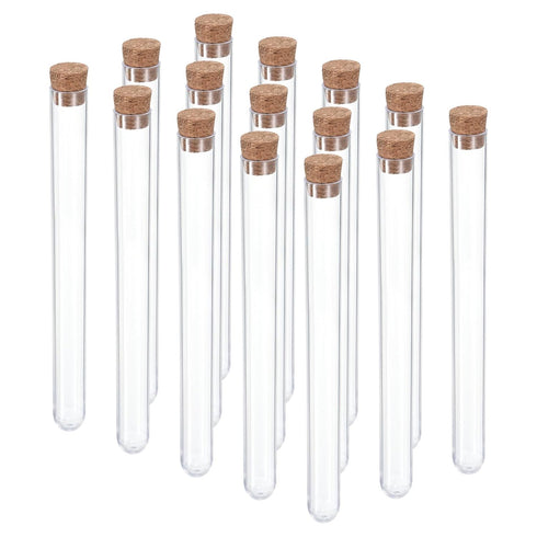 PATIKIL 13ml Plastic Test Tubes with Cork Stoppers, 15Pcs 150x15mm Tubes for Scientific Party Decoration Candy Bead Storage Bath Salt Lab Use, Cle...
