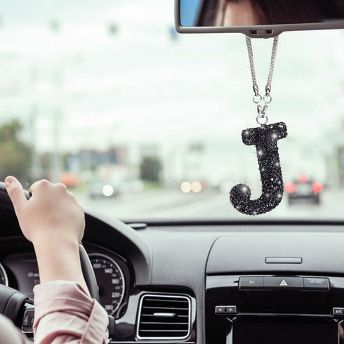 TobeQueen Car Rear View Mirror Ornament Hanging Lucky Crystal Pendant Black Bling Car Accessories for Women Rhinestone Charm Auto Decoration (Blac...