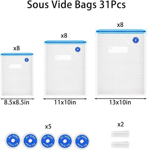 Sous Vide Bags 31Pcs, Reusable BPA Free Vacuum Sealer Bags Vacuum Food Storage Bags for Cooking/Food Storage/Microwave Heating - 24Pcs Vacuum Zipp...