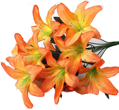 Artificial Lily 10 Heads Fake Lily Artificial Flower Wedding Party Decor Bouquet Home Hotel Office Garden Craft Art Decor Orange...