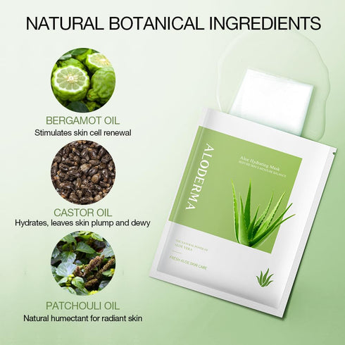 Aloderma Hydrating Sheet Face Masks with 87% Organic Aloe Vera - 5 pack Moisturizing Facial Masks with Hyaluronic Acid & Bergamot Oil for Nourishe...