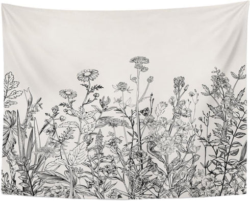 Emvency Tapestry Floral Border Herbs and Wild Flowers Botanical Engraving Style Black and White Home Decor Wall Hanging 50" x 60" Inches Print for...