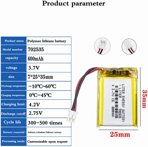 3.7V 702535 600mAh Lithium Polymer ion Battery Rechargeable Polymer Battery Pack with JST 2.0mm Connector...