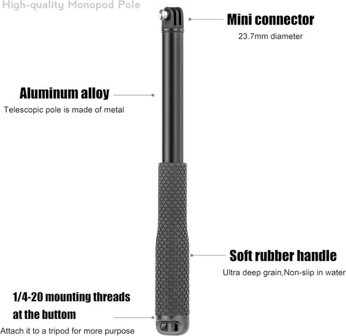 SOONSUN 45'' Aluminum Waterproof Extension Monopod Pole Selfie Stick for GoPro Hero 12 11 10 9 8 7 6 5 4, Max, Mini, Fusion, Session, Insta360 X2 ...