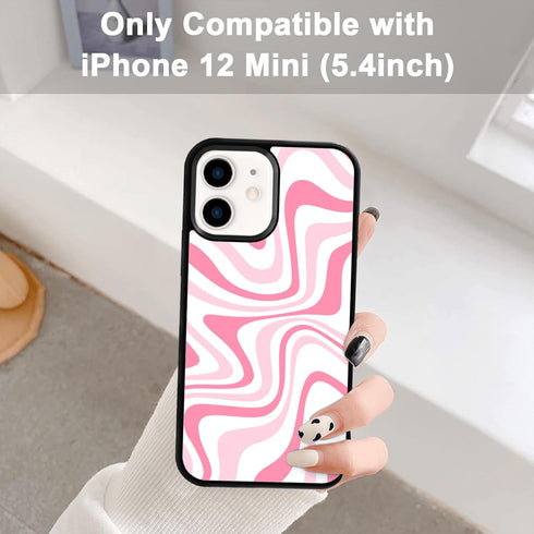 Cute Trendy Aesthetic Pink Water Ripple Wave Pattern Black Phone Case for iPhone 12 Mini Case for Kids Girls Teen Girls Women - 5.4 Inch...